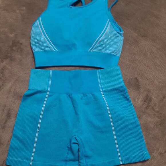 Summer Seamless Yoga Set Women 2 Pieces Blue Crop top Sport Bra Tank Shorts Spor - Picture 4 of 5